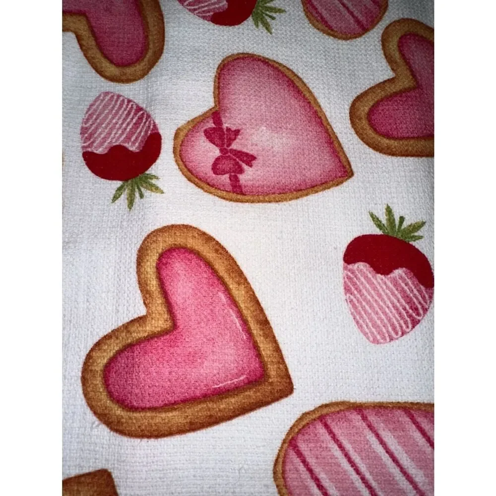 Valentine’s Day White Red Pink Tan Cookies Hearts Berries Cotton Tea Towels